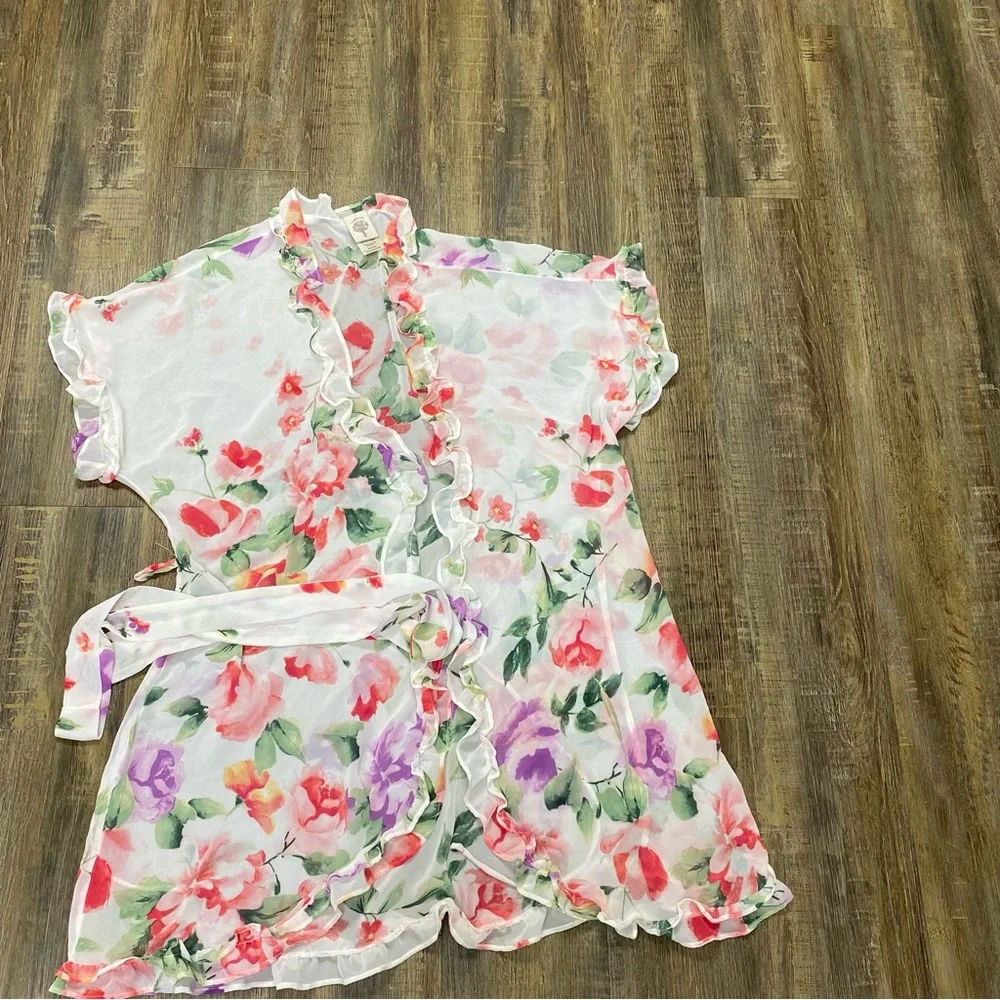 In Bloom Pink and White Floral Robe with‎ Ruffles Belted Open Feminine Girly